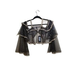 Nasty Gal Blouse Women's Sz 8 Black Gold Sheer Cropped Bell Sleeve Top Cape NWT